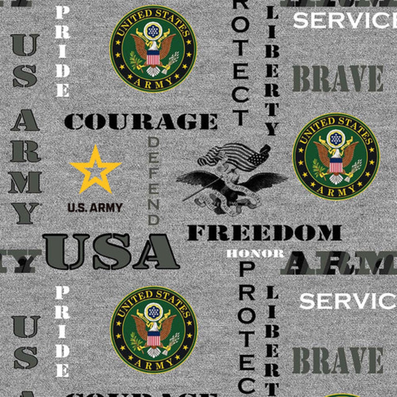 Fabric Sykel Enterprises U.S. Army Heather Print Logo by the Quarter Yard 1181A